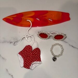 New Labubu outfit. Red Polka Dot Swimsuit, Sunglasses, Bracelet & surfboard set